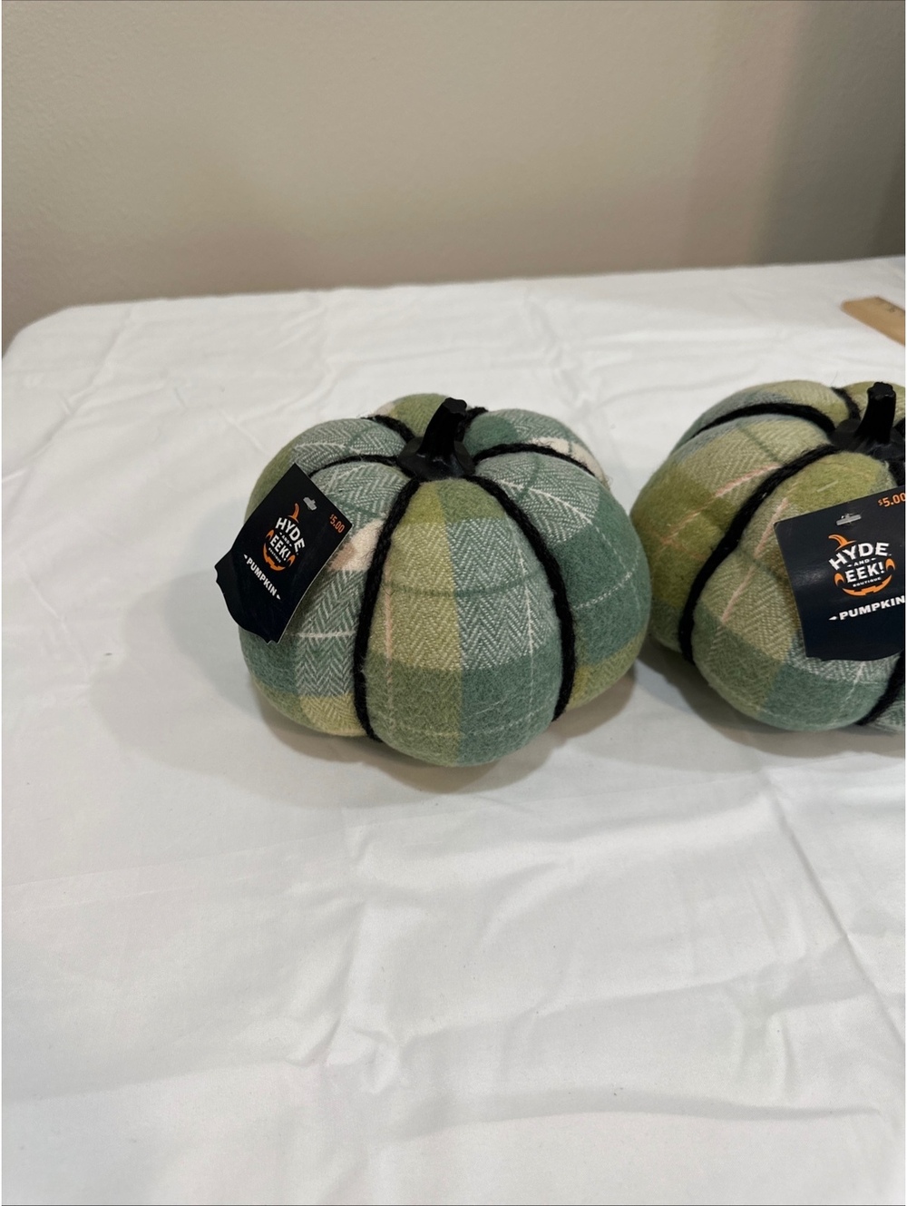 Hyde & Eek! Green Plaid Fabric Decorative Pumpkins Set of 2 - Indoor Fall Home D